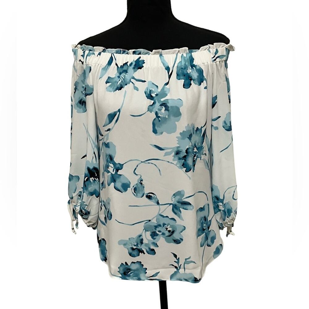 White House Black Market Blue Floral Off-Shoulder Blouse